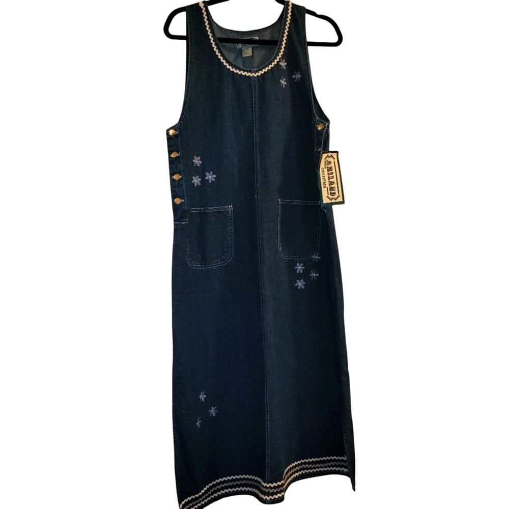 Vtg Women's Floral Embroidered Blue Denim Jumper Dress Size M NWT Deadstock